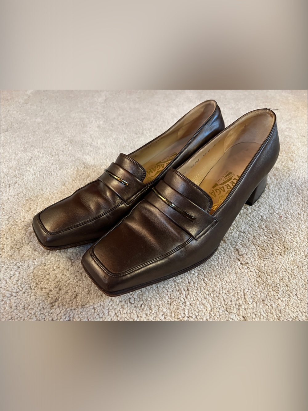 Salvatore Ferragamo Dark Brown Leather Block Heel Loafers